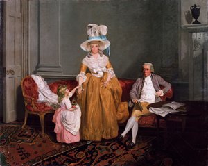Rodinná skupina, otec sedí, matka a dcera stojí, v interiéru, 18. století