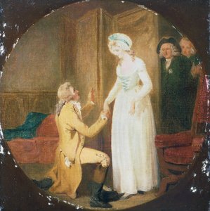 V. dějství, scéna III ze hry She Stoops to Conquer od Olivera Goldsmitha (1730-1774) od Francis Wheatley