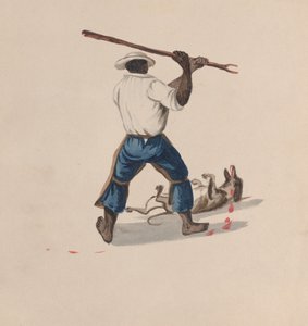 Muž při pohledu zezadu mlátící psa holí, ze skupiny kreseb znázorňujících..., ca. 1848