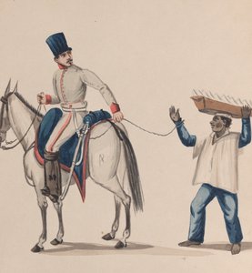 Voják na koni držící lano, které zajišťuje domorodého otroka vyvažujícího talíř..., ca. 184