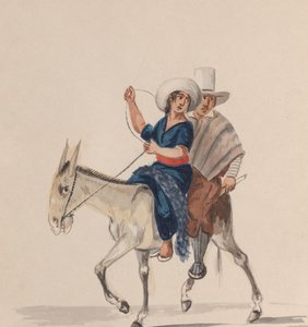 Indián a žena jedoucí na oslu, ze skupiny kreseb zobrazujících peruánské..., ca. 1848.