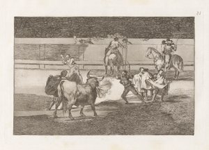 Banderillas de Fuego (Banderillas s petardami), deska 31 z býčích zápasů od Francisco de Goya