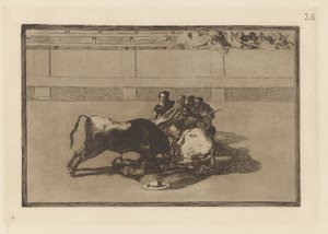 Pád pikadora z koně pod býkem (Pikador je unhorsed a padá pod býka), deska 26 z La tauromaquia od Francisco de Goya