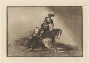 Carlos V. Kopí býka na náměstí Plaza de Valladolid (Charles V. Kopí býka v prstenu ve Valladolidu), deska 10 z La tauromaquia od Francisco de Goya