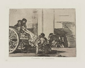 Pojezdy na hřbitov. (Vozíky na hřbitov.), pl. 64 ze série The Disasters of War od Francisco de Goya