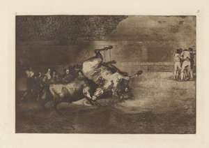 Cheval renverse par un taureau (Horse Thrown by a Bull), Plate B from La tauromaquia (third edition)   1336984   cs       czech Successfully Translated  Original: Silesian War: Recruiting for the Silesian Army - Silesia Wars (1740-1763): Recruiting the tro od Francisco de Goya