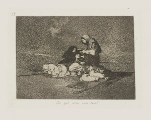 z čeho? podává šálek? (K čemu slouží pohár?), pl. 59 ze série The Disasters of War od Francisco de Goya