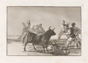 The Rabble ochromit býka s kopími, srpy, banderillami a jinými pažemi, talíř 12 z La tauromaquia od Francisco de Goya