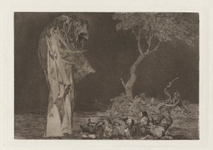 Folly of Fear, také známý jako Neztratit čest strachem, ze série Los disparates (Los proverbios) od Francisco de Goya