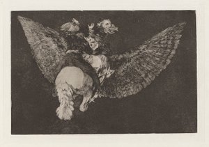 Nesmyslný leták (Flying Folly), také známý jako Renounce the Friend, který tě kryje křídly a kousne tě zobákem, ze série Los disparates (Los proverbios) od Francisco de Goya