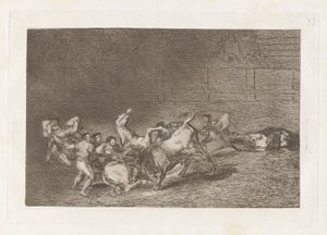 Dva týmy Picadorů vržené jeden po druhém jediným býkem, talíř 32 z La tauromaquia od Francisco de Goya