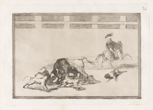 Echan perros al toro (Oni pouštějí psy na býka), deska 25 z La tauromaquia od Francisco de Goya
