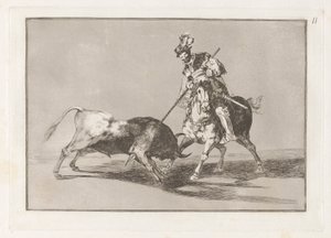 El Cid Campeador kopí dalšího býka (The Cid Campeador Spearing Another Bull), deska 11 z La tauromaquia od Francisco de Goya