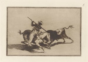 Jako první odstartuje temperamentní Moro Gazul? býci v pořádku (The Spirited Moor Gazul je první, kdo podle pravidel oštěpuje býky), Deska 5 z La tauromaquia od Francisco de Goya