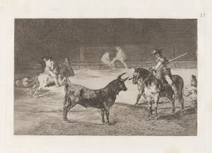 El c?lebre Fernando del Toro, barilarguero, nutící šelmu tyčí (Oslavovaný Picador, Fernando del Toro, přitahuje divokou bestii svým Piquem), Deska 27 z La tauromaquia od Francisco de Goya