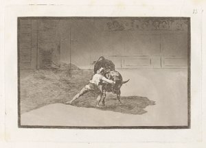 Slavný Martincho putting banderillas al quiebro (Slavný Martincho umisťuje Banderillas hrající na býka pohybem svého těla), deska 15 z La tauromaquia od Francisco de Goya