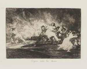 Uniknou skrz plameny. (They Escape through the Flames.), pl. 41 ze série The Disasters of War od Francisco de Goya