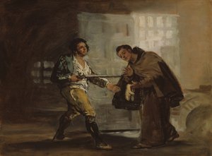 Friar Pedro nabízí boty El Maragato a připravuje se odložit svou zbraň, c. 1806. od Francisco de Goya
