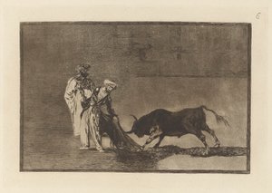Maurové dělají na náměstí další capeo se svým albornozem (Muři si hrají v ringu jinak a volají býka se svým Burnous), Talíř 6 z La tauromaquia od Francisco de Goya