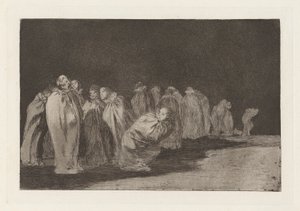 Los ensacados (Muži v pytlích), také známý jako So el sayal, hay al (Je něco pod pytlovinou), ze série Los disparates (Los proverbios) od Francisco de Goya