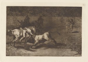 Mariano Ceballos, alias Indián, zabije býka ze svého koně (Mariano Ceballos, Alias ​​​​The Indian, Kills the Bull from his Horse), Plate 23 z La tauromaquia od Francisco de Goya