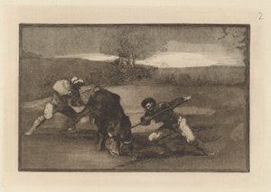 Jiný způsob lovu? noha (jiný způsob lovu pěšky), deska 2 z La tauromaquia od Francisco de Goya