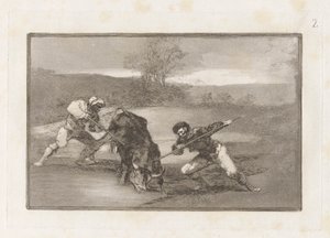 Jiný způsob lovu? noha (jiný způsob lovu pěšky), deska 2 z La tauromaquia od Francisco de Goya