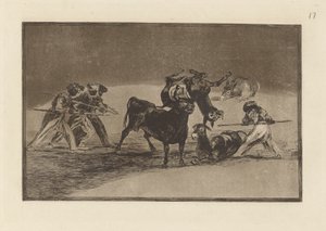Palenque de los moros hecho con burros para defencese del toro embolado (Muři používají osly jako bariéru k obraně před býkem, jehož rohy byly ohnuty míčky), deska 17 z La tauromaquia od Francisco de Goya