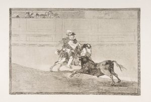 Deska 13 „Tauromaquia“: Španělský rytíř na koni v prstenu lámající krátká kopí ..., 1816. od Francisco de Goya