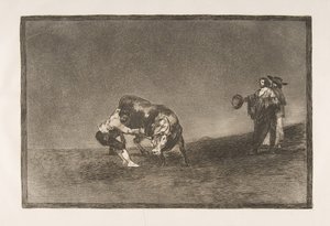 Talíř 16 Tauromaquia: Tentýž muž hodí býka do ringu v Madridu., 1816. od Francisco de Goya