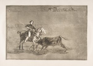 Talíř 22 z Tauromaquia: Mužská odvaha slavného Pajuelera v [prstenu] v..., 1816. od Francisco de Goya