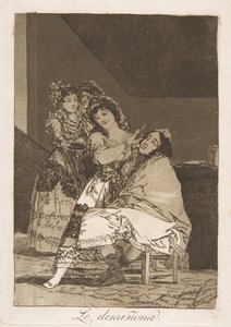 Deska 35 z Los Caprichos: Ona ho ošuká Le descañona., 1799. od Francisco de Goya