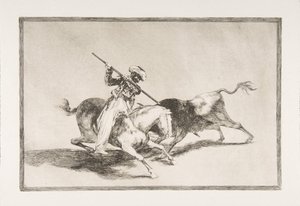 Talíř 5 z The Tauromaquia: Temperamentní Maurský Gazul jako první nakopl býky podle dohody..., 1816. od Francisco de Goya