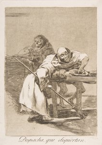 Deska 78 z Los Caprichos: Pospěšte si, probouzí se Despacha, que dispiertan., 1799. od Francisco de Goya