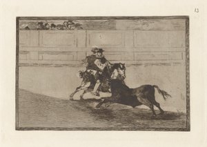 Un caballero espa?ol en plaza quebrando rejoncillos sin auxilio de los chulos (španělský jízdní rytíř v ringu lámající krátké oštěpy bez pomoci asistentů), deska 13 z La tauromaquia od Francisco de Goya