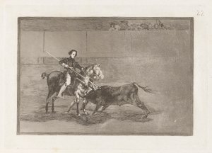 Valor manil de la c?lebre Pajuelera en la de Zaragoza (Mužská odvaha oslavované Pajuelery v [Prstenu] v Zaragoze), deska 22 z La tauromaquia od Francisco de Goya
