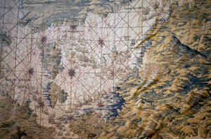 Mapa Středozemního moře - Detail dobývání Tunisu (Tunisko) - Tapiserie od Francisca a Cornelia Van der Ggot (18. století), vetkaná do královské továrny na gobelíny, polovina 18. století, podle gobelínu ze 16. století od Willema de Pannema od Francisco Ignacio Vandergoten Canyuwell