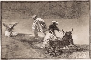 Býčí zápasy: Moors hraje mys s jiným býkem v ohradě od Francisco de Goya