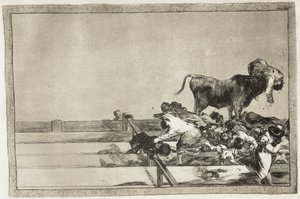 GOYA Y LUCIENTES, Francisco de (1746-1828). Děsivé události v předních řadách ringu v Madridu a smrt starosty Torrejonu v roce 1801. 1816. Deska 21 „Umění býčích zápasů“. Leptání. ŠPANĚLSKO. MADRID (AUTONOMNÍ KOMUNITA). Madrid. Národní od Francisco Jose de Goya y Lucientes