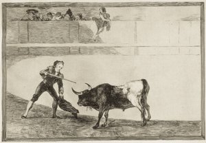 GOYA Y LUCIENTES, Francisco de (1746-1828). Pedro Romero tappaa pysähtyneen härän. 1816. (25,1 x 35,9 cm). ROMERO, Pedro (1754-1839). Espanjalainen härkätaistelija. Levy 30 "Härkätaistelun taito". Etsaus. ESPANJA. MADRID (AUTONOMOUS YHTEISÖ). Madrid. kansa od Francisco Jose de Goya y Lucientes