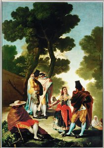 La maja y los Embozados - Mája a muži v pláštích, karikatura pro gobelín 40-06-09/42 ... (malba na plátně) od Francisco Jose de Goya y Lucientes