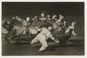 Merry folly (Disparate alegre), deska 12 z "Los Proverbios", kolem 1819-24 (lept, akvatinta, lavis, leštička, suchá jehla a rytina na papíře) od Francisco de Goya