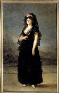 Portrét v nohou královny Španělska Marie Louise (1751-1819), manželka Karla IV. Obraz Francisco de Goya (1746-1828) Slunce 19. století. 2,08x1,27m - Madrid, Musee du Prado - Portrét královny Marie Luisy (1751-1819) v mantille - Malba od od Francisco de Goya