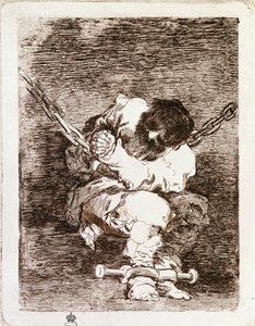 Vězně řetězové sezení - Bezpečnost je stejně barbarská jako zločin. (Rytina od Francisco de Goya