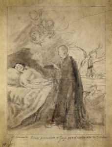 Svatý Francois (František) Borgia (1510-1578) u lůžka umírajícího nekajícníka. Kresba 1788, Francisco de Goya y Lucientes (1746-1828). Skica k obrazu stejného názvu na objednávku rodiny Ausuna. Muzeum Prado, Madrid.