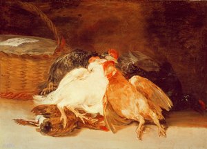 Zátiší s mrtvými kuřaty a proutěným košem (olej na plátně) od Francisco de Goya
