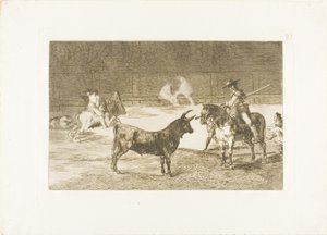 Slavný Picador, Fernando del Toro, kreslí divokou bestii se svým Piquem, deska 27 z The Art of Bullfighting od Francisco Jose de Goya y Lucientes