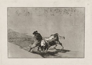 Chytrý „Student of Falces“ rozzuří býka tím, že se pohybuje zabalený ve svém plášti, talíř 14 od Francisco de Goya