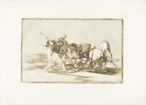 Maurové se usadili ve Španělsku, vzdali se pověr z Koránu, přijali toto umění lovu a napíchli býka pod širým nebem, deska tři z The Art of Bullfighting od Francisco Jose de Goya y Lucientes