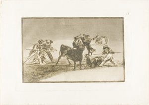 Maurové používají osly jako bariéru k obraně proti býkovi, jehož rohy byly zakončeny míčky, deska 17 z The Art of Bullfighting od Francisco Jose de Goya y Lucientes